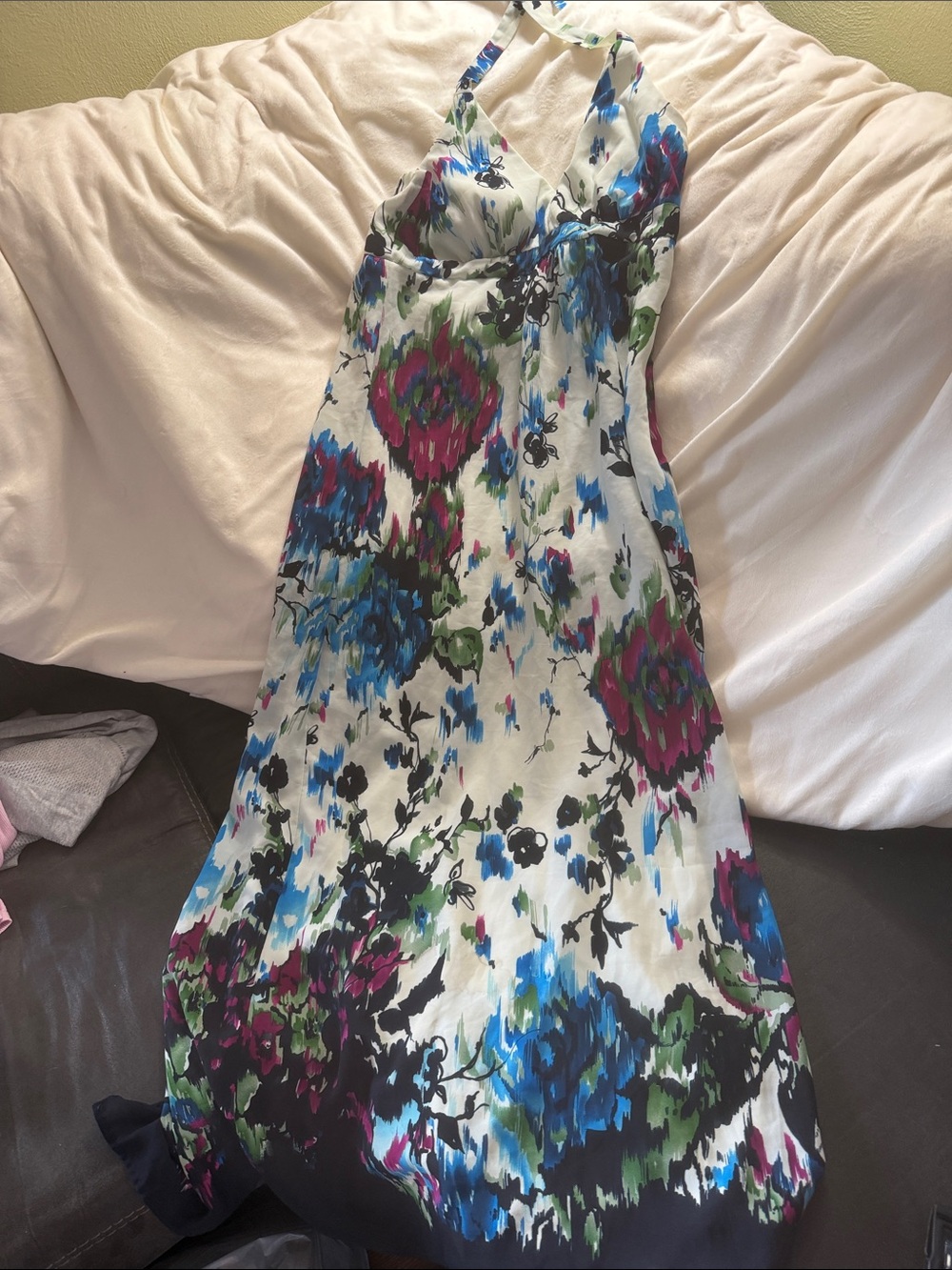 dressbarn White Halter Maxi Dress with Blue, Pink & Green Floral Print